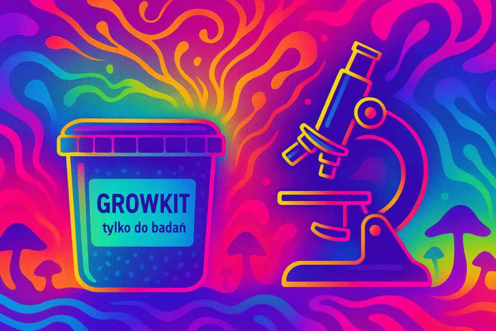 Psychedeliczna ilustracja growkitu Psilocybe cubensis i mikroskopu na neonowym tle